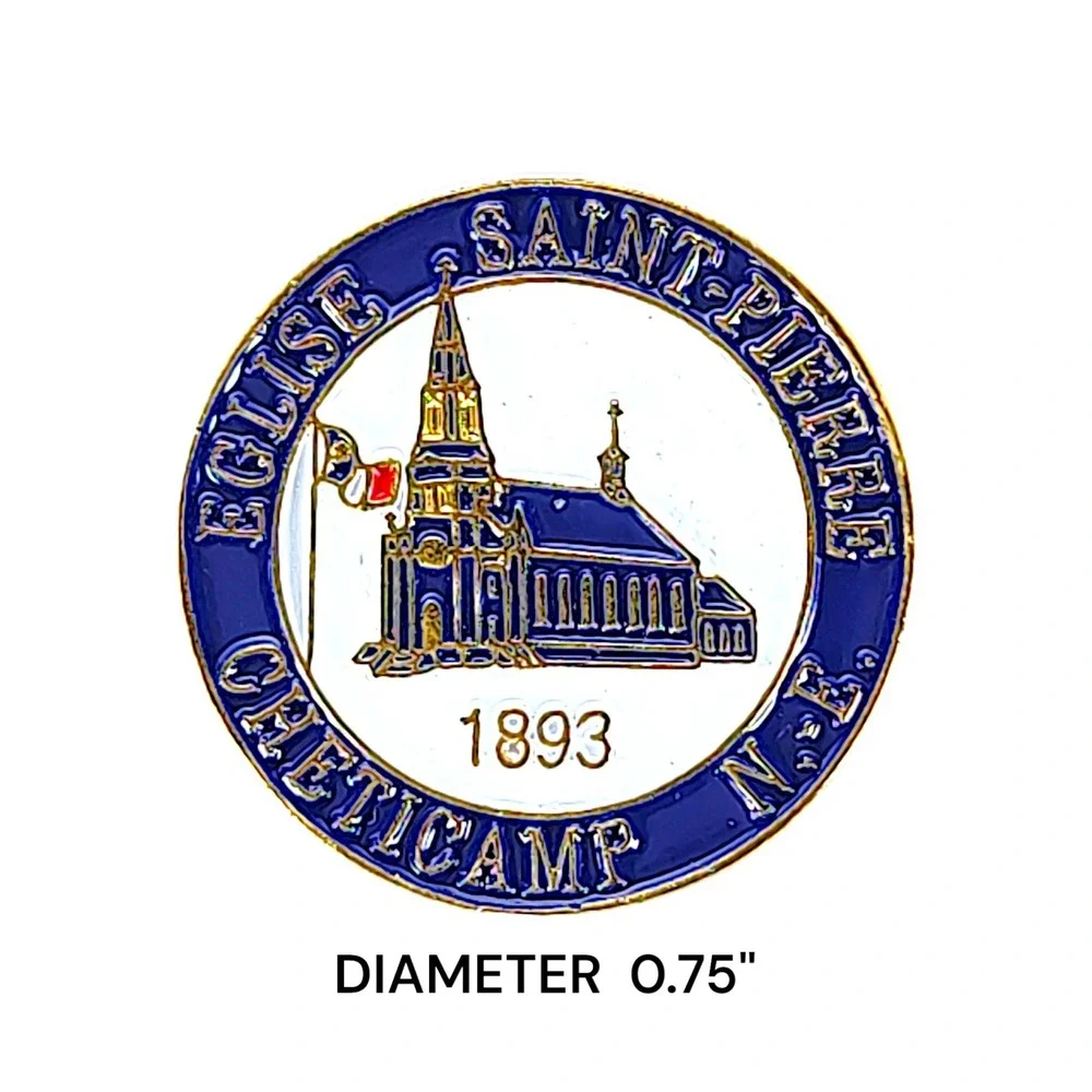 Vintage Eglise Saint-Pierre Cheticamp N. E. Gold Tone Blue Enamel Lapel Pin